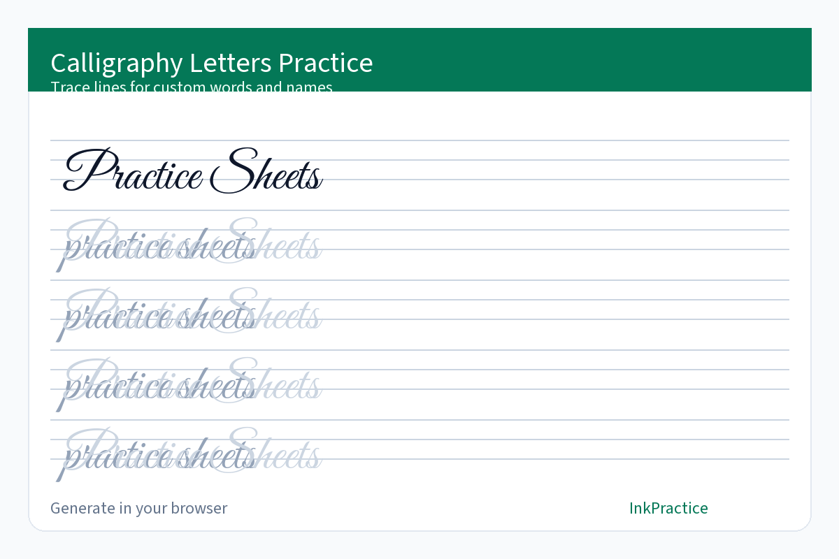 Calligraphy letters practice sheet preview with guidelines